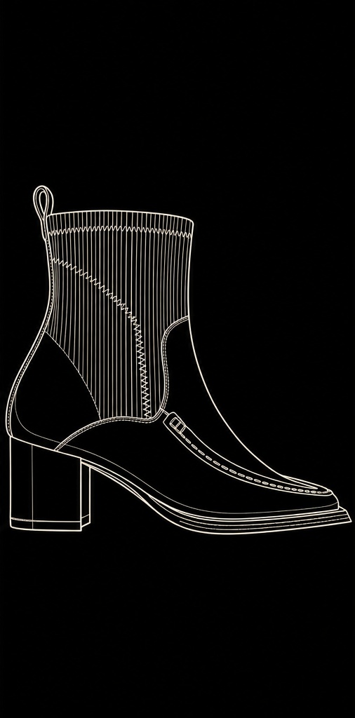 Desenho autoral de bota em linhas claras sobre fundo preto